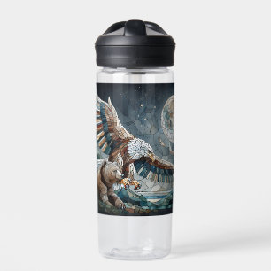 Mosaic Ai Art Brown Bear and an Eagle Full Moon Water Bottle