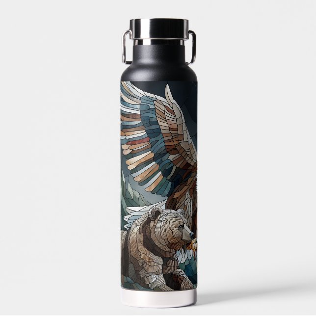 Mosaic Ai Art | Brown Bear and an Eagle Full Moon Water Bottle (Front)