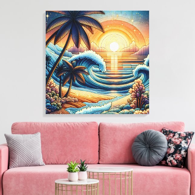 Mosaic Ai Art | Ocean Sunset and Palm Trees Canvas Print (Insitu(LivingRoom))
