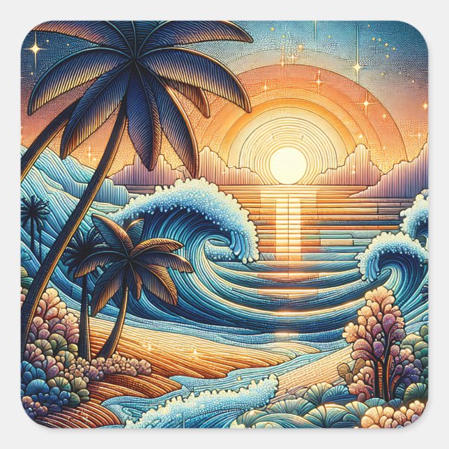 Mosaic Ai Art | Ocean Sunset and Palm Trees Square Sticker (Front)