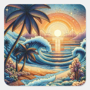 Mosaic Ai Art   Ocean Sunset and Palm Trees Square Sticker