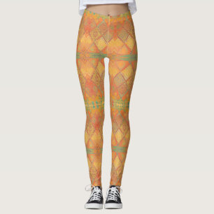 Mosaic amber orange jade green geometric design leggings