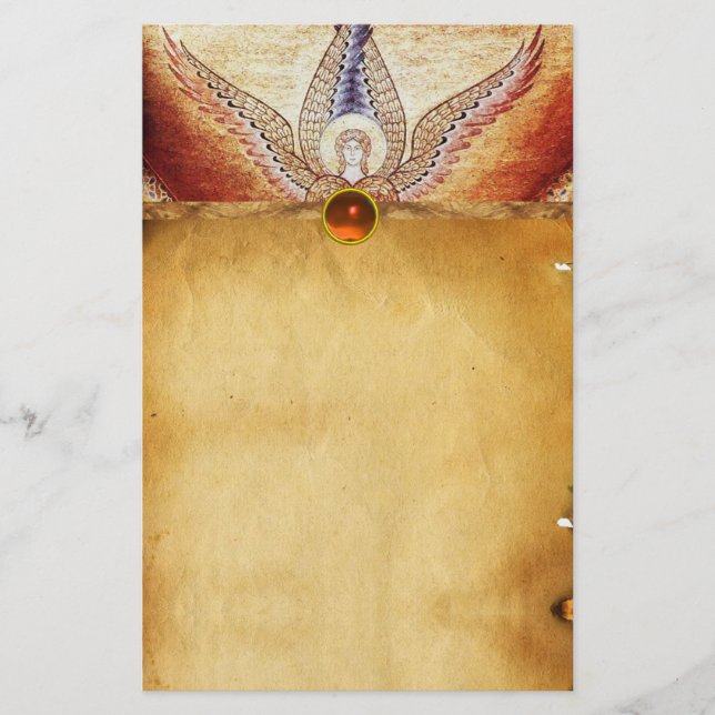 MOSAIC ANGEL  Brown Parchment Orange Agate Stationery (Front)
