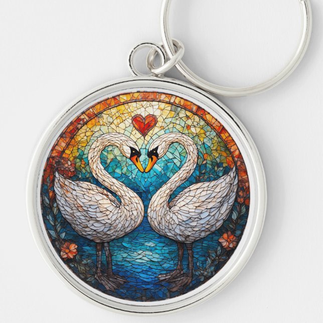 Mosaic Art Depicting White Swans Key Ring (Front)