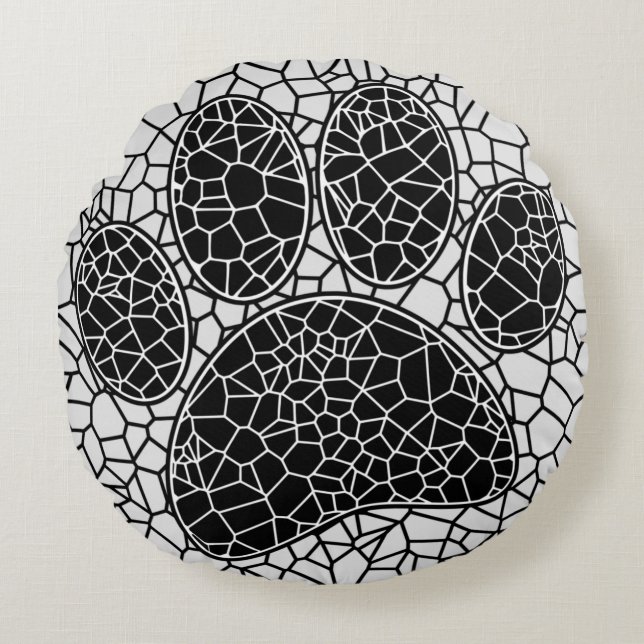 Mosaic Art Dog Paw Print In Black And White Round Cushion (Front)