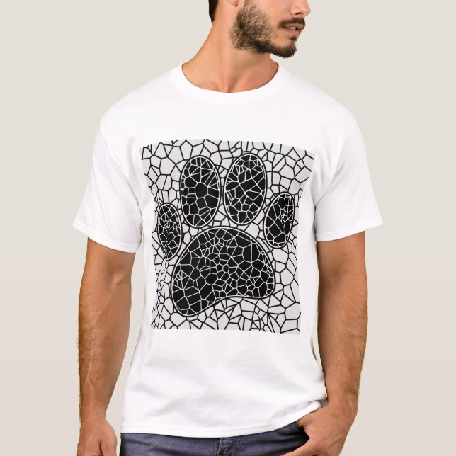 Mosaic Art Dog Paw Print In Black And White T-Shirt (Front)