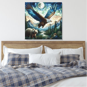 Mosaic Bear and Eagle in the Mountains Ai Art Canvas Print