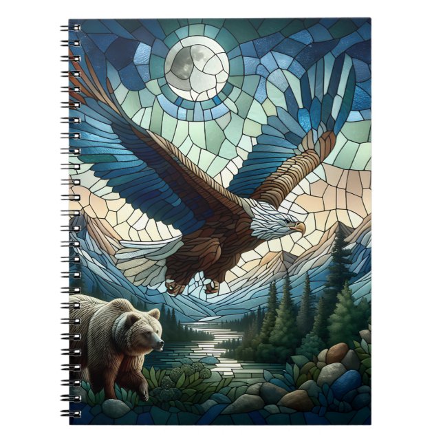 Mosaic Bear and Eagle in the Mountains Ai Art Notebook (Front)