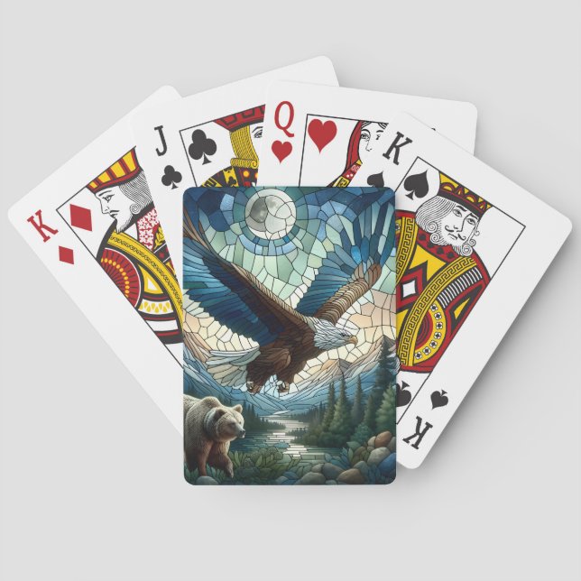 Mosaic Bear and Eagle in the Mountains Ai Art Playing Cards (Back)