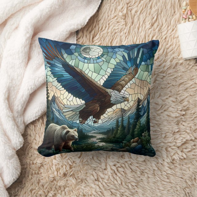 Mosaic Bear and Eagle in the Mountains  Cushion (Blanket)
