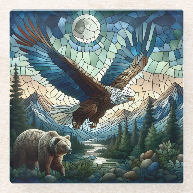 Mosaic Bear and Eagle in the Mountains  Glass Coaster (Front)