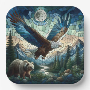 Mosaic Bear and Eagle in the Mountains  Paper Plate