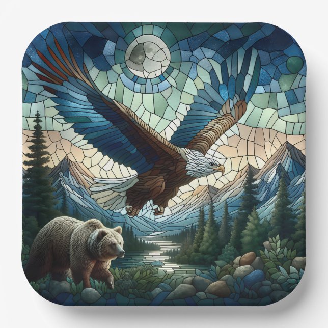 Mosaic Bear and Eagle in the Mountains  Paper Plate (Front)