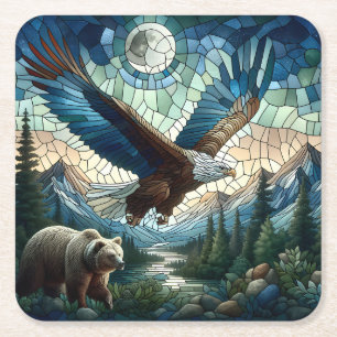 Mosaic Bear and Eagle in the Mountains Square Paper Coaster