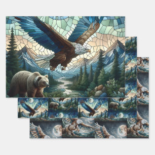 Mosaic Bear and Eagle in the Mountains Wrapping Paper Sheet