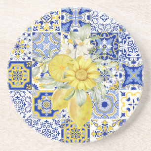 Mosaic Blooms in Blue and Yellow  Coaster