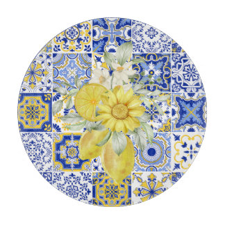 Mosaic Blooms in Blue and Yellow Cutting Board