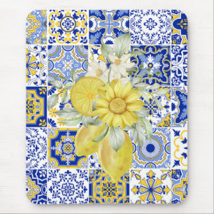 Mosaic Blooms in Blue and Yellow Mouse Mat