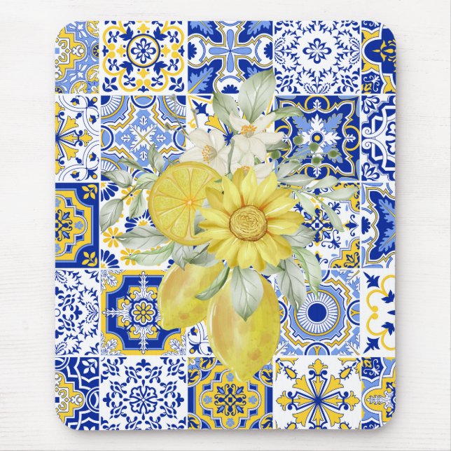 Mosaic Blooms in Blue and Yellow  Mouse Mat (Front)