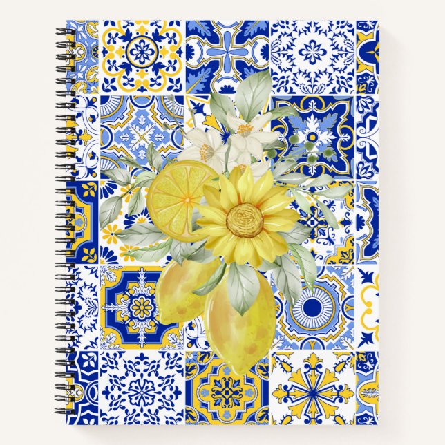 Mosaic Blooms in Blue and Yellow  Notebook (Front)