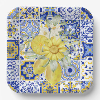 Mosaic Blooms in Blue and Yellow Paper Plate