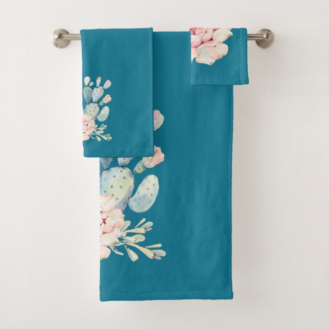 Mosaic Blue Colour and Watercolor Cactus Bath Towel Set (Insitu)