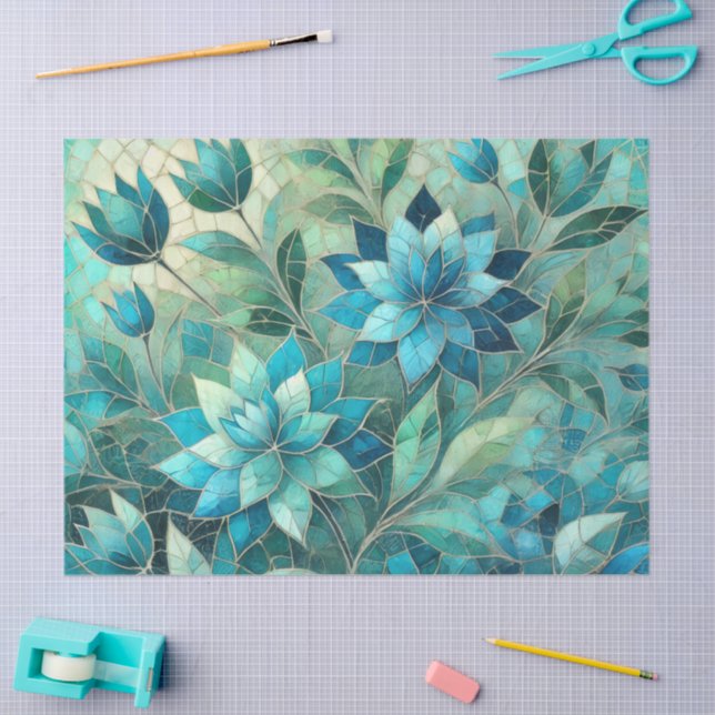 Mosaic Blue Teal Floral Pattern Decoupage Tissue Paper (Craft)