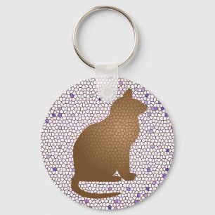 Mosaic Brown Cat with Purple Stained Glass Key Ring