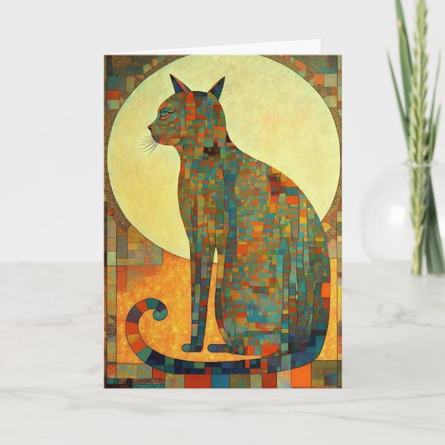 Mosaic Cat: Abstract Egyptian-Inspired Thank You Card (Front)