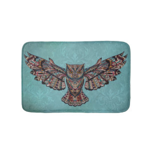 Mosaic colourful Owl with turquoise background Bath Mat
