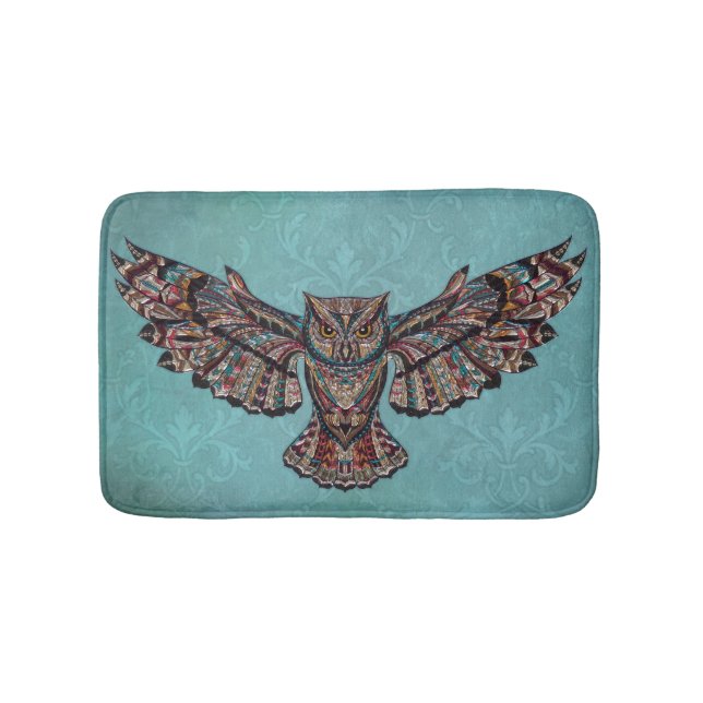 Mosaic colourful Owl with turquoise background Bath Mat (Front)