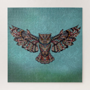 Mosaic colourful Owl with turquoise background Jigsaw Puzzle