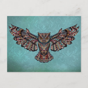 Mosaic colourful Owl with turquoise background Postcard