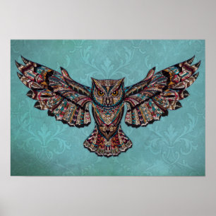 Mosaic colourful Owl with turquoise background Poster
