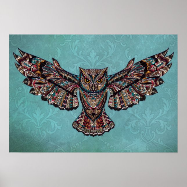 Mosaic colourful Owl with turquoise background Poster (Front)