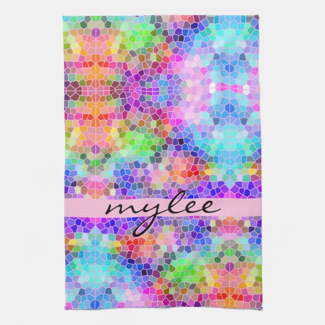 Mosaic Colourful Rainbow Pink Blue Abstract Funky Tea Towel (Vertical)
