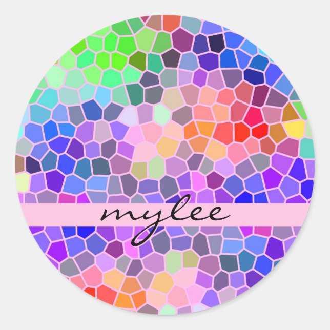 Mosaic Colourful Rainbow Pink Monogram Abstract Classic Round Sticker (Front)