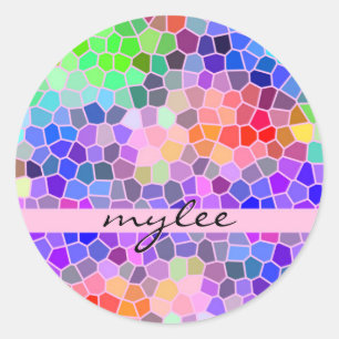 Mosaic Colourful Rainbow Pink Monogram Abstract Classic Round Sticker