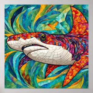 Mosaic Colourful Shark in Coral Reef Illustration Poster