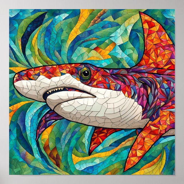 Mosaic Colourful Shark in Coral Reef Illustration Poster (Front)