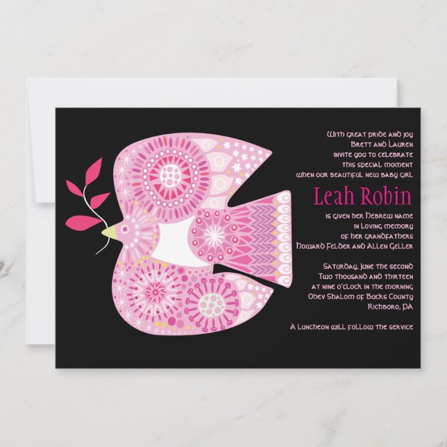 MOSAIC DOVE of PEACE Jewish Baby Naming Invitation (Front)