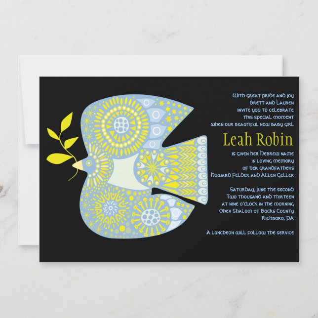 MOSAIC DOVE of PEACE Jewish Baby Naming Invitation (Front)