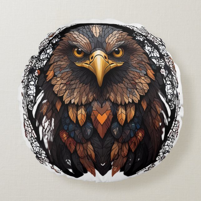 Mosaic Eagle Portrait Round Pillow (Front)