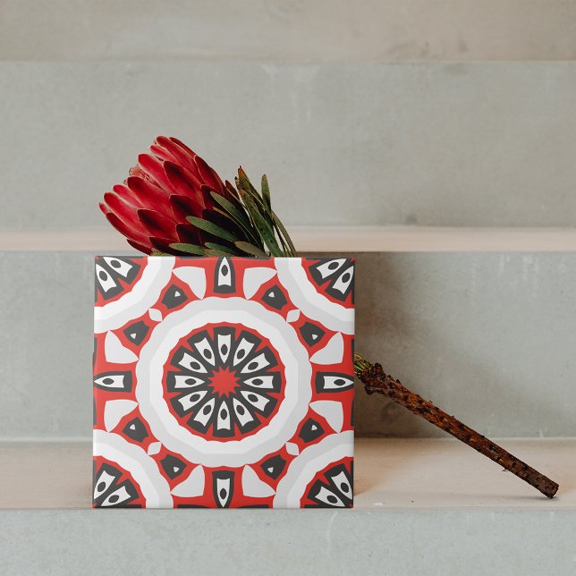 Mosaic Ethnic Geometric Red Grey Black & White Tile (Creator Uploaded)