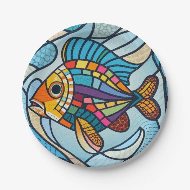 mosaic fish, Bright colours, aquarium Paper Plate (Front)