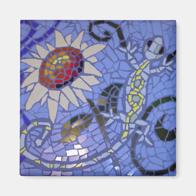 Mosaic Gecko and Sunflower on Blue Magnet (Front)