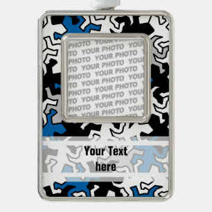 Mosaic Geckos Pattern - blue black white grey Silver Plated Framed Ornament
