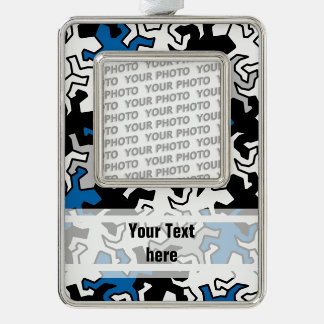 Mosaic Geckos Pattern - blue black white grey Silver Plated Framed Ornament (Front)
