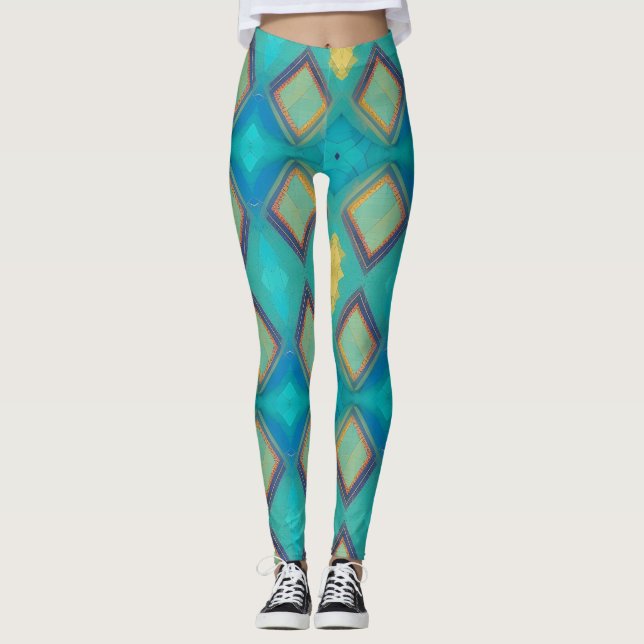 Mosaic geometric decor turquoise blue gold kitty leggings (Front)