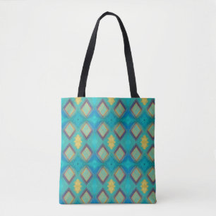 Mosaic geometric decor turquoise blue gold kitty  tote bag